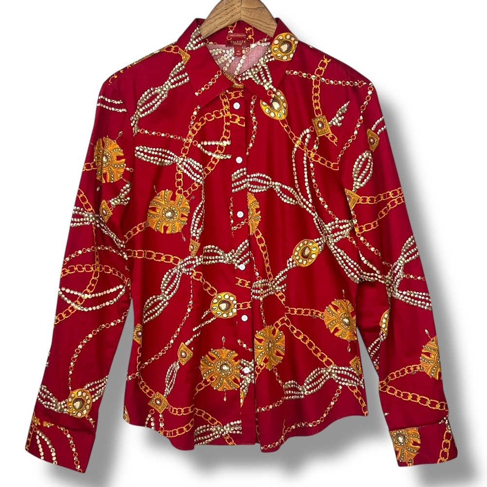 Talbots Red Pearl Gold Chain 14 Stretch Cotton Sateen Button Up Blouse Old Money